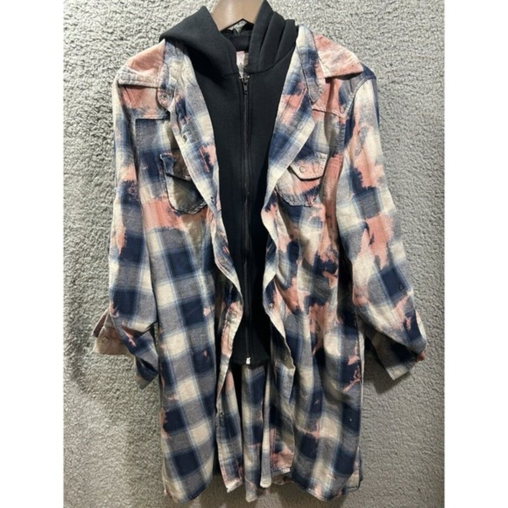 Jak Womans Large Hooded Plaid Bleach Distressed Zip Snap Button Combo Shirt